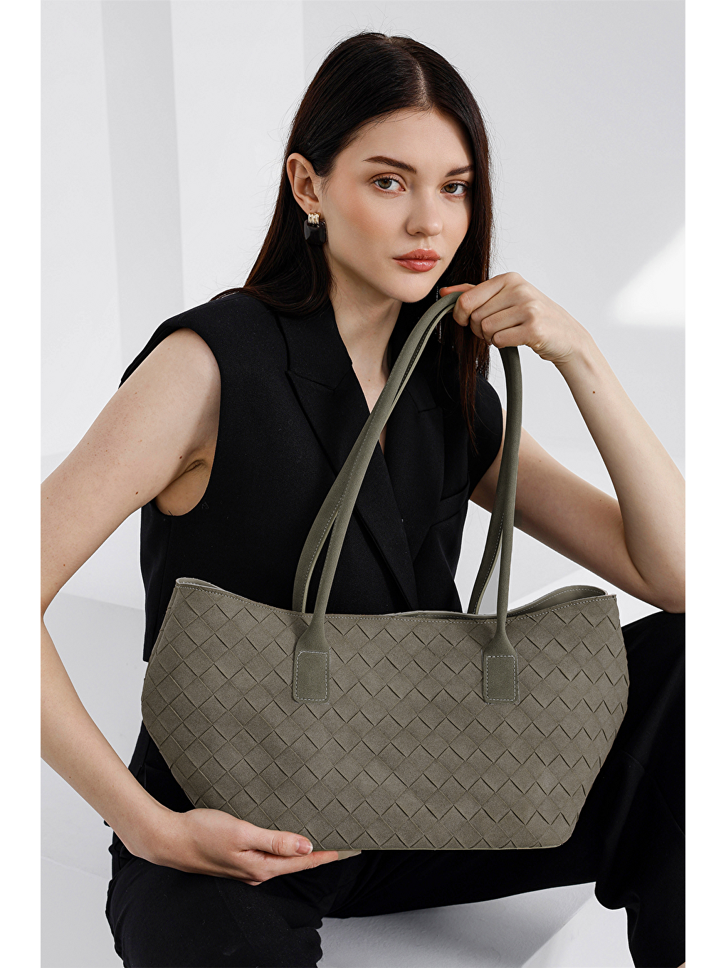 Bej Veneta Süet Shopper Omuz Çantası Vizon-2