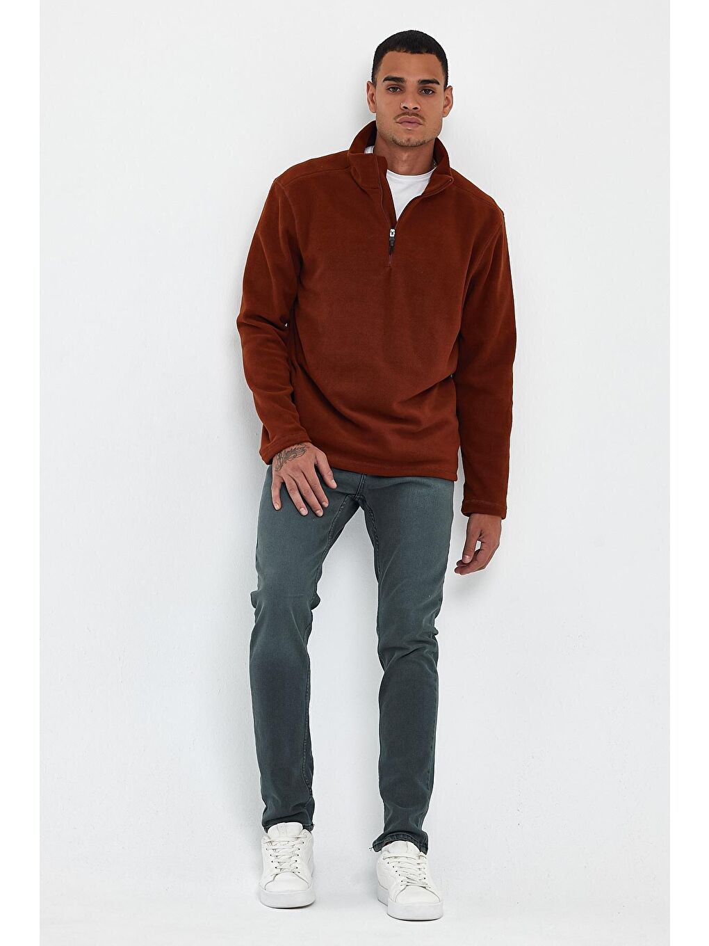 Kahverengi Erkek Rahat Kalıp Softech Polar Yarım Fermuarlı Sweatshırt spr24pw20-2