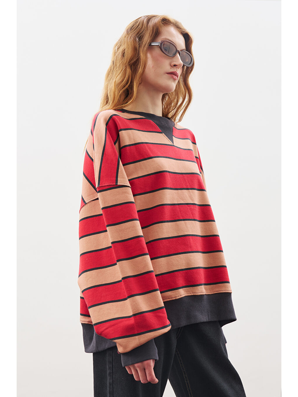 Oversıze Çizgili Sweatshırt Kırmızı-5