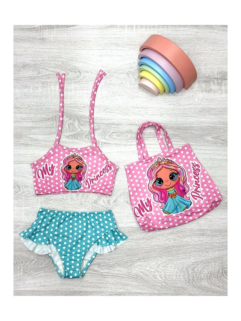 Turkuaz Üç Parça Çantalı Kız Çocuk Fırfırlı Bikini Takım