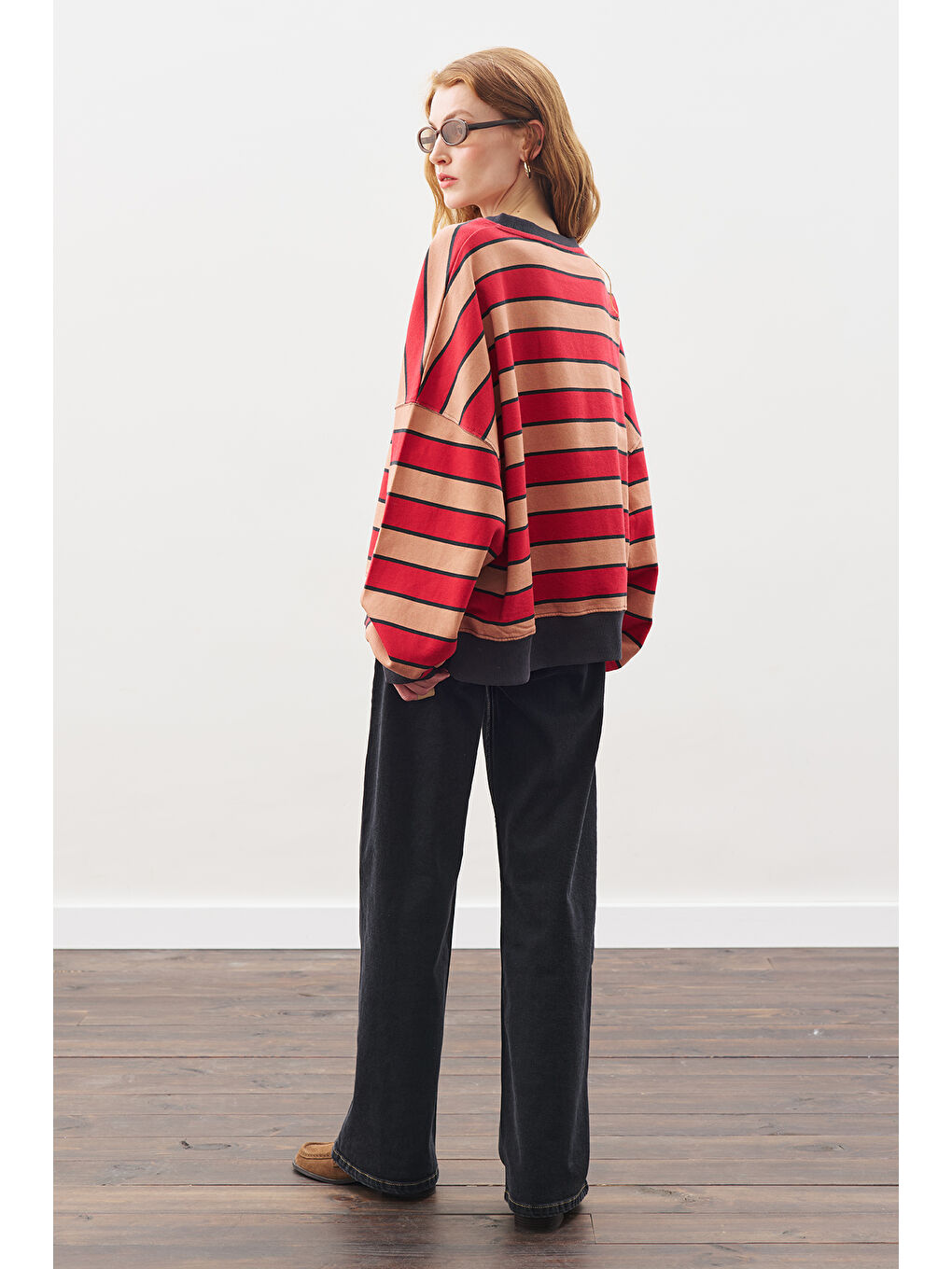 Oversıze Çizgili Sweatshırt Kırmızı-6