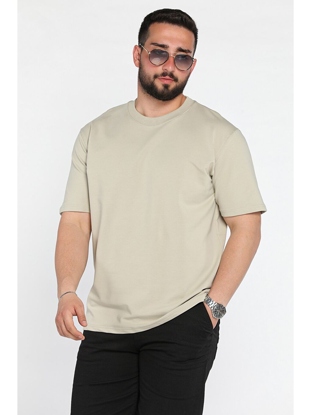 Bej Erkek Bisiklet Yaka Tişört-1