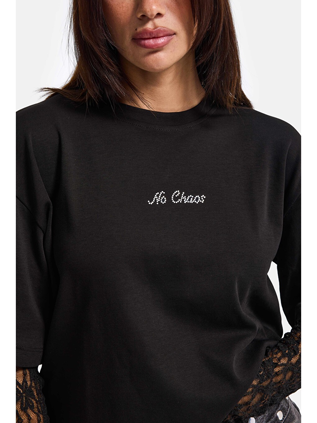 Kadın Siyah W6-1 Oversize Dantel Detaylı Uzun Kollu Tasarım T-shirt-4
