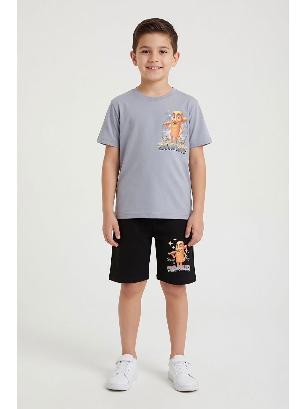 Gri Füme Erkek Çocuk Bisiklet Yaka Tişörtlü Şortlu 2li Baskılı Takım 24003
