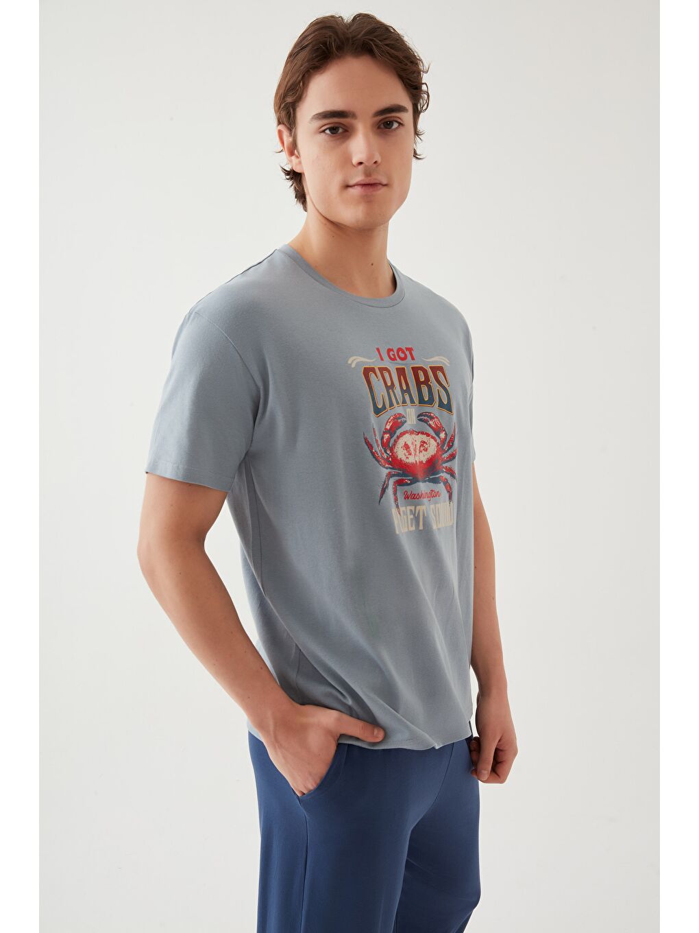 Mavi Erkek Pamuklu Kısa Kollu Baskı ve Cep Detaylı %100 Pamuk Pijama Takımı-1