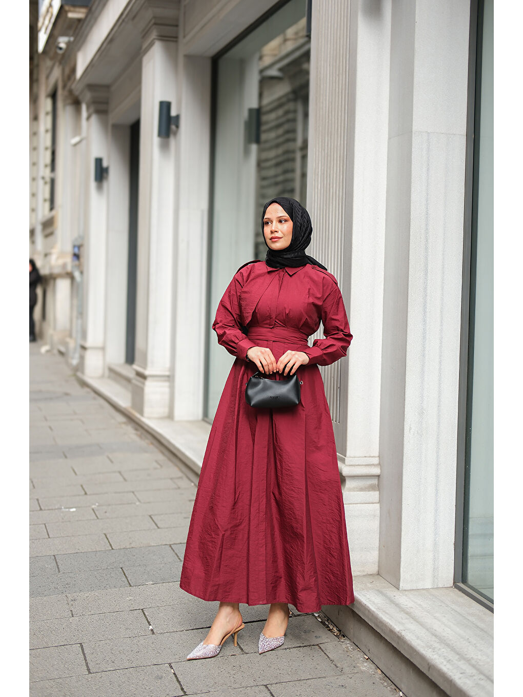 Kadın Gizli Düğmeli Apolet Detay Elbise Bordo