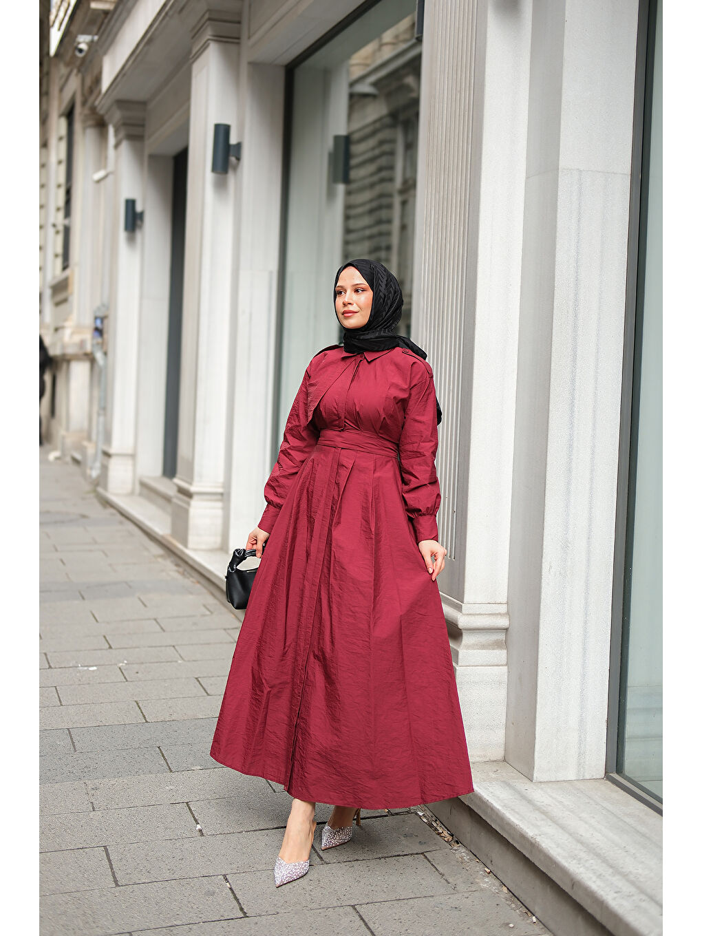 Kadın Gizli Düğmeli Apolet Detay Elbise Bordo-1