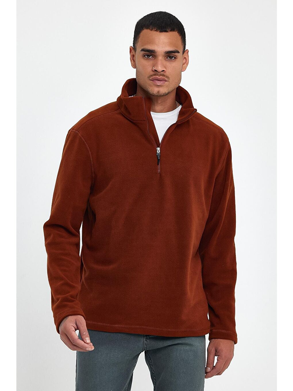 Kahverengi Erkek Rahat Kalıp Softech Polar Yarım Fermuarlı Sweatshırt spr24pw20-3