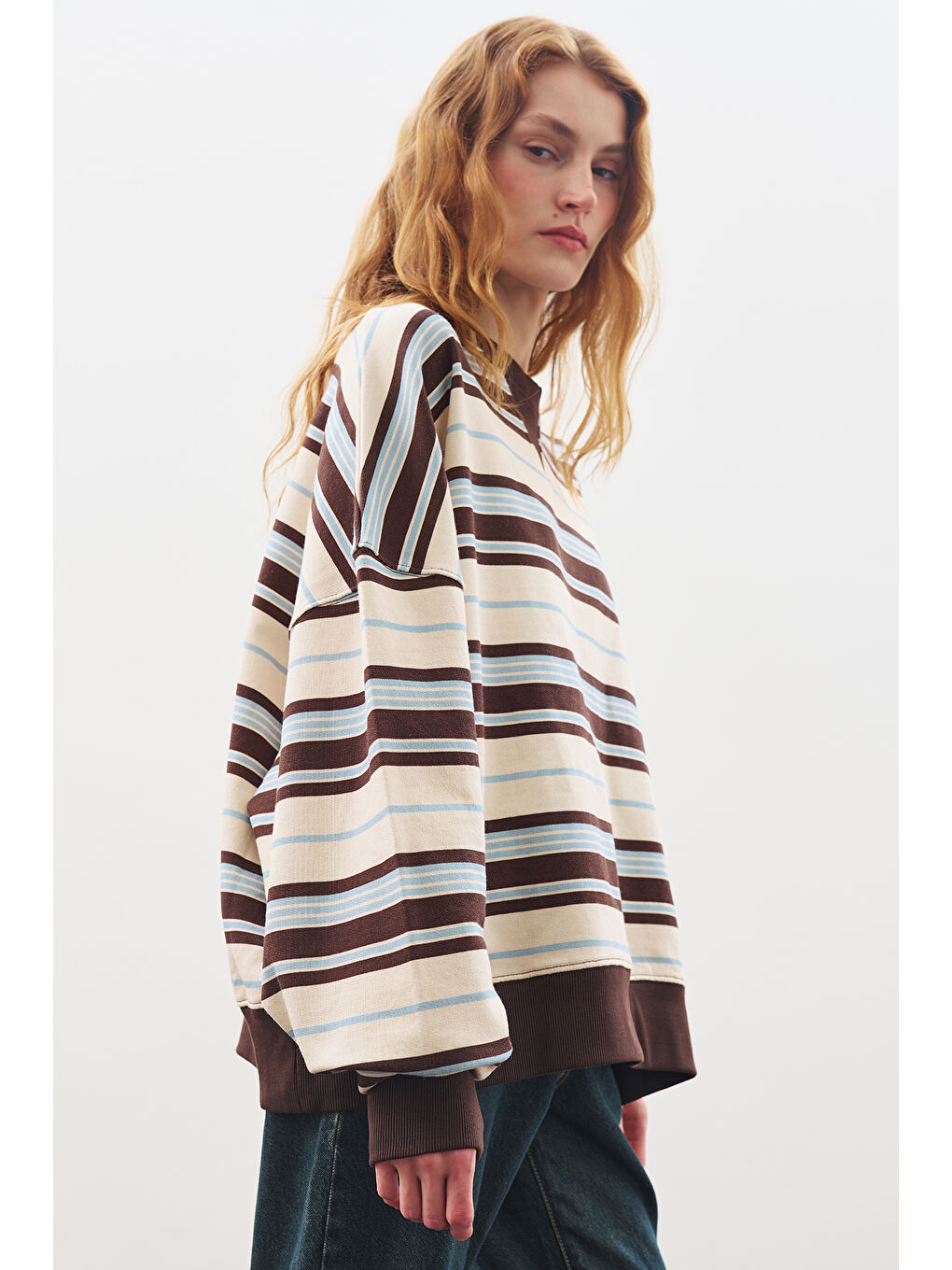 Oversıze Çizgili Sweatshırt Kahverengi-1