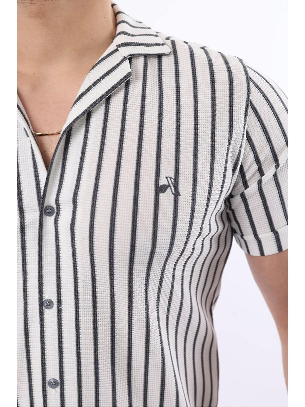 Gri Erkek Kısa Kollu Slim Fit Yazlık Çizgili Gömlek-1