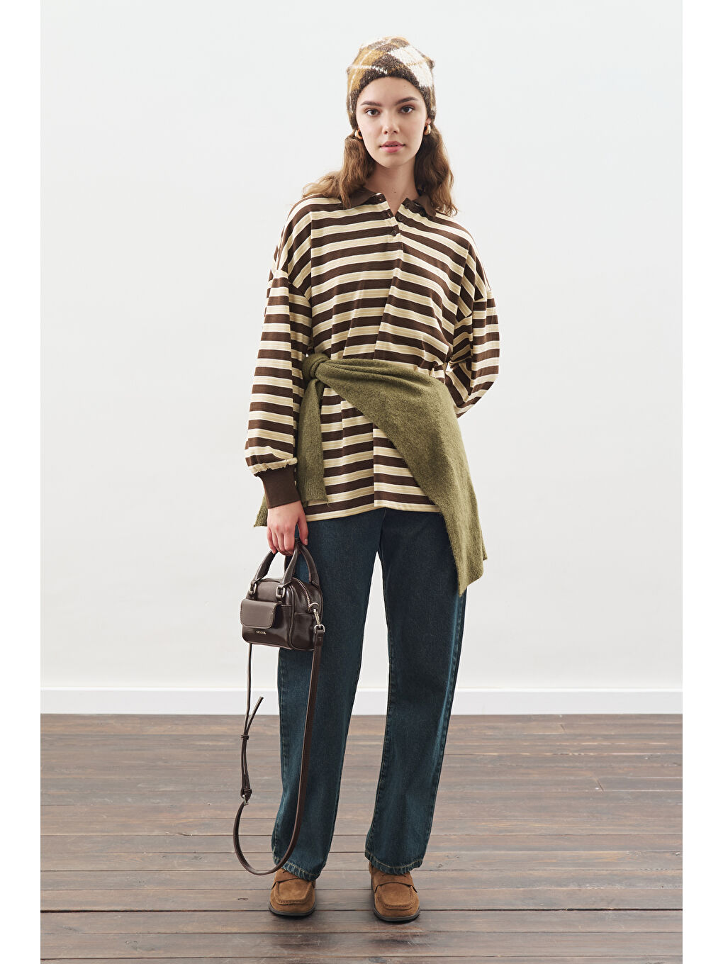 Polo Yaka Oversıze Tshırt Kahverengi-1