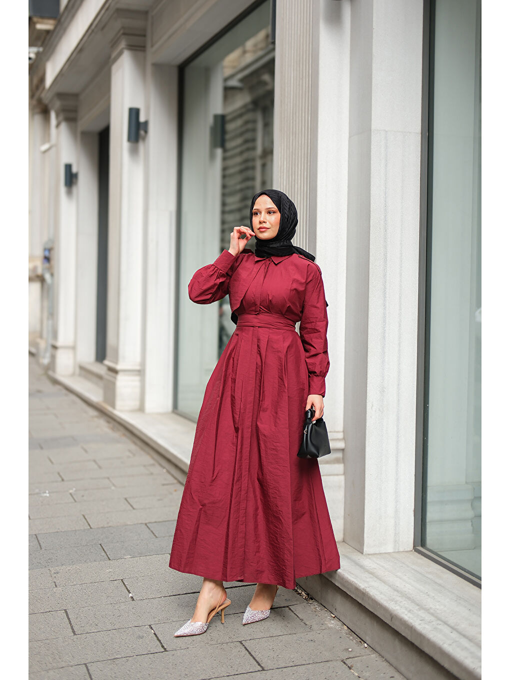 Kadın Gizli Düğmeli Apolet Detay Elbise Bordo-2