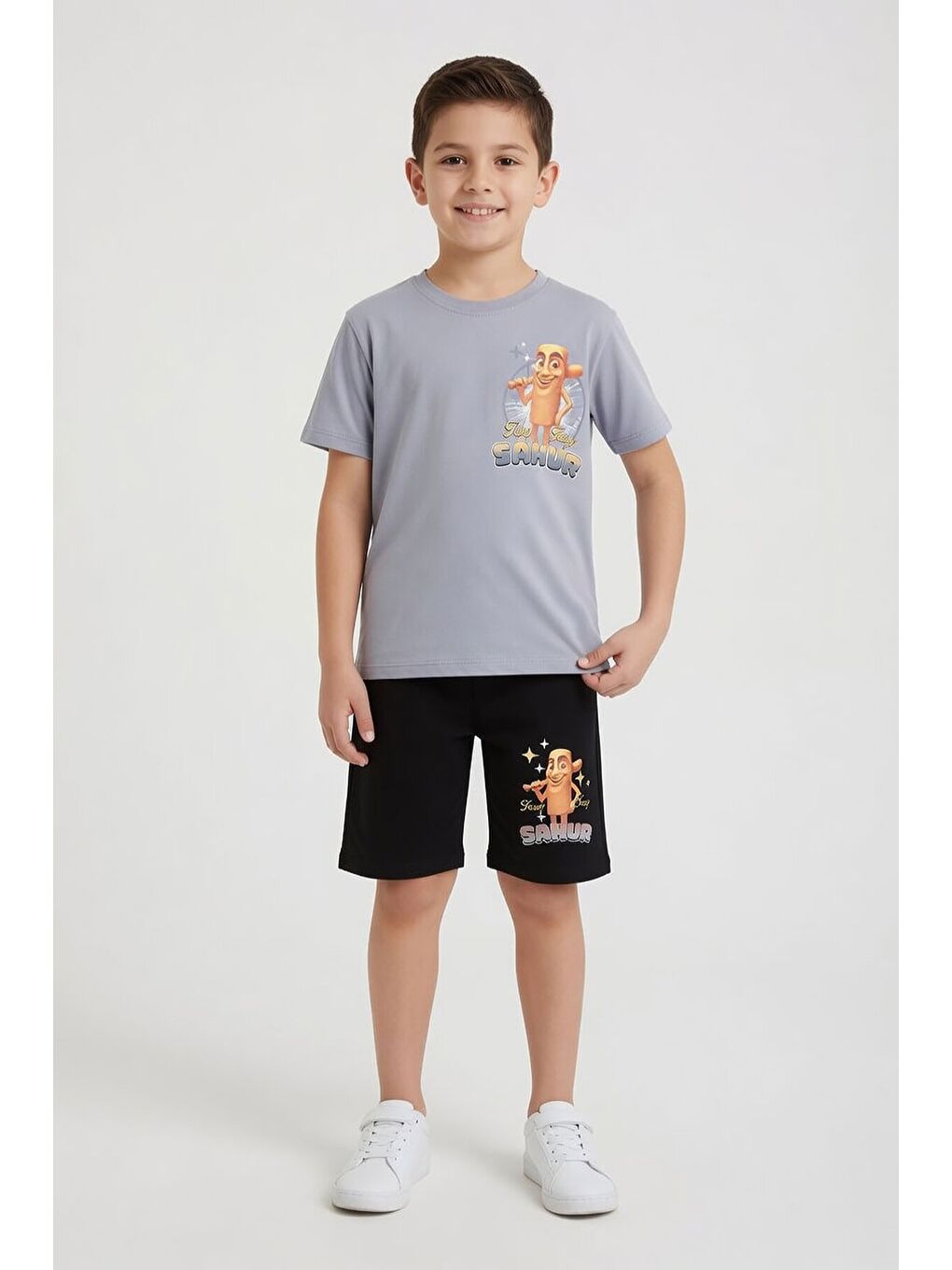 Gri Füme Erkek Çocuk Bisiklet Yaka Tişörtlü Şortlu 2li Baskılı Takım 24003-2