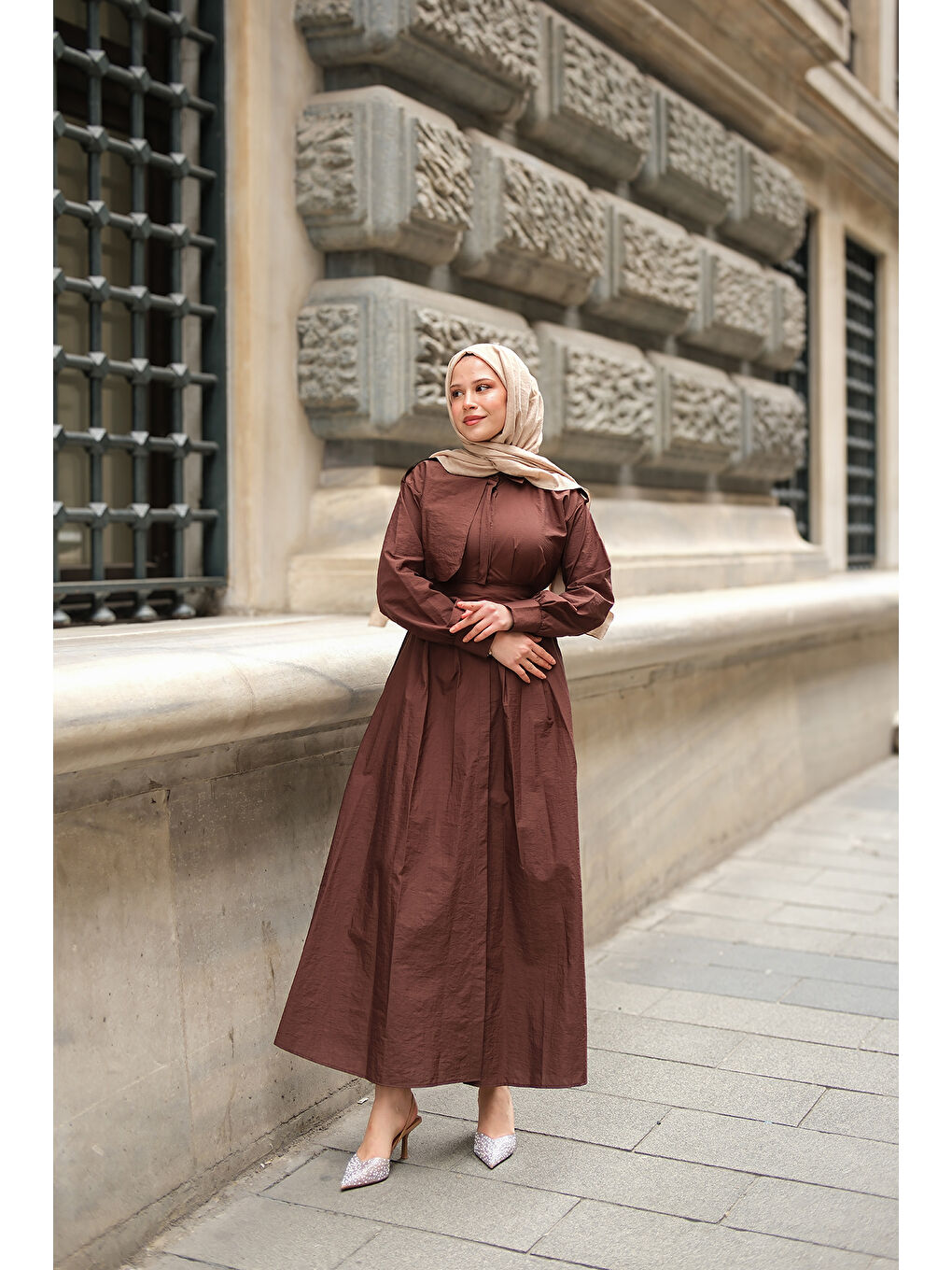 Kadın Gizli Düğmeli Apolet Detay Elbise Kahverengi-1