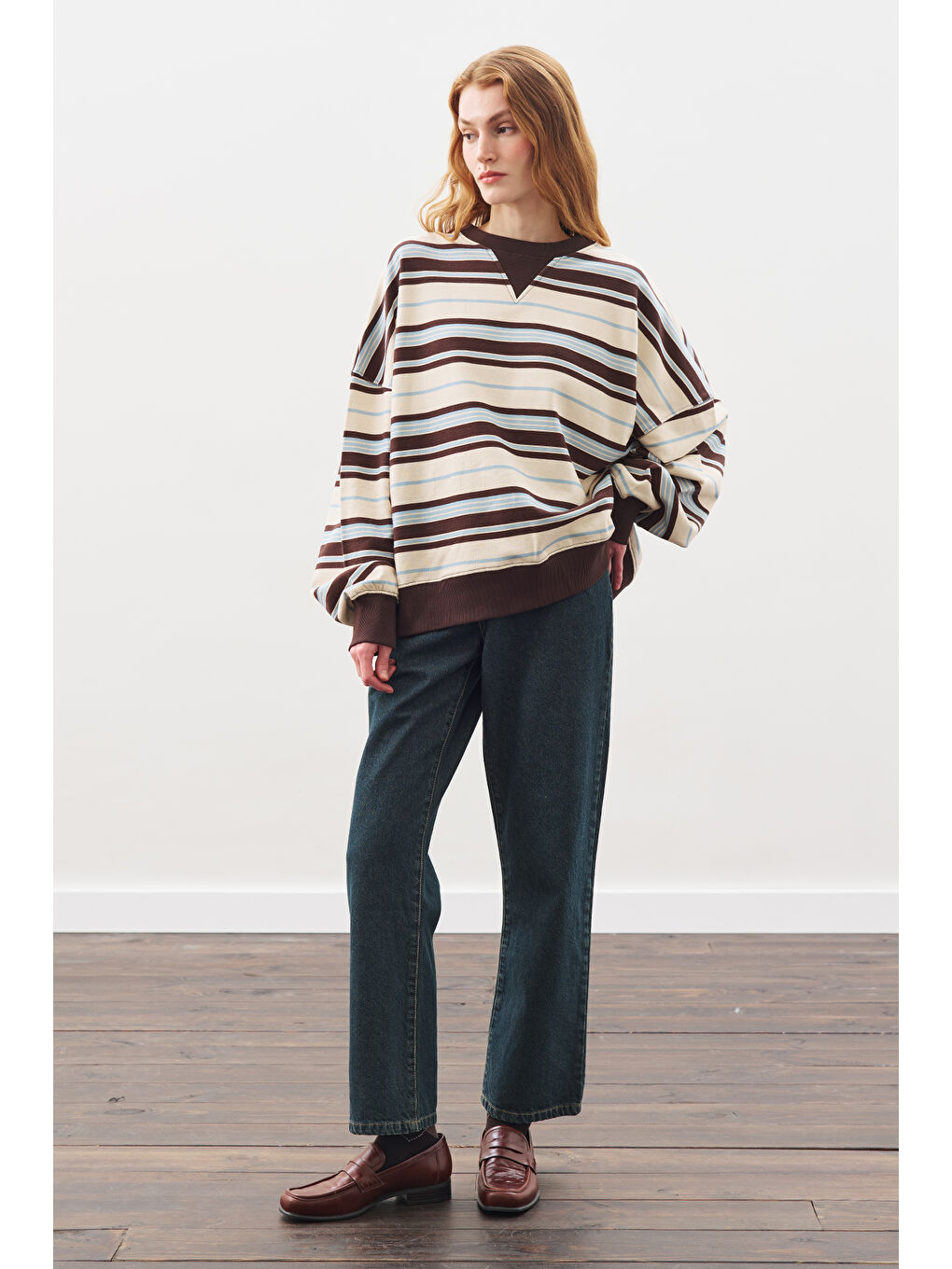 Oversıze Çizgili Sweatshırt Kahverengi-2