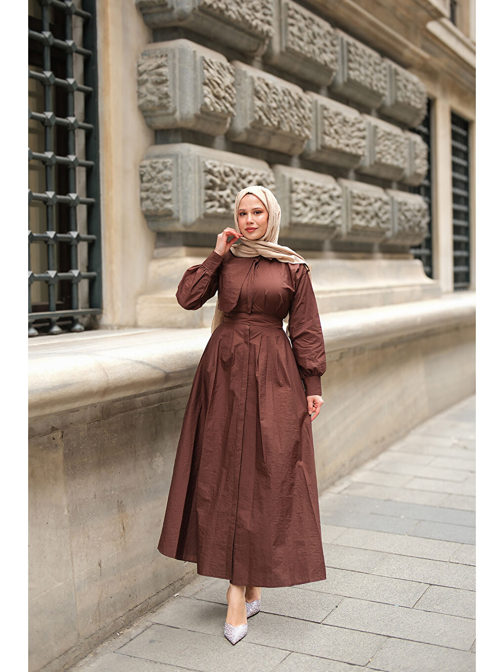 Kadın Gizli Düğmeli Apolet Detay Elbise Kahverengi-2