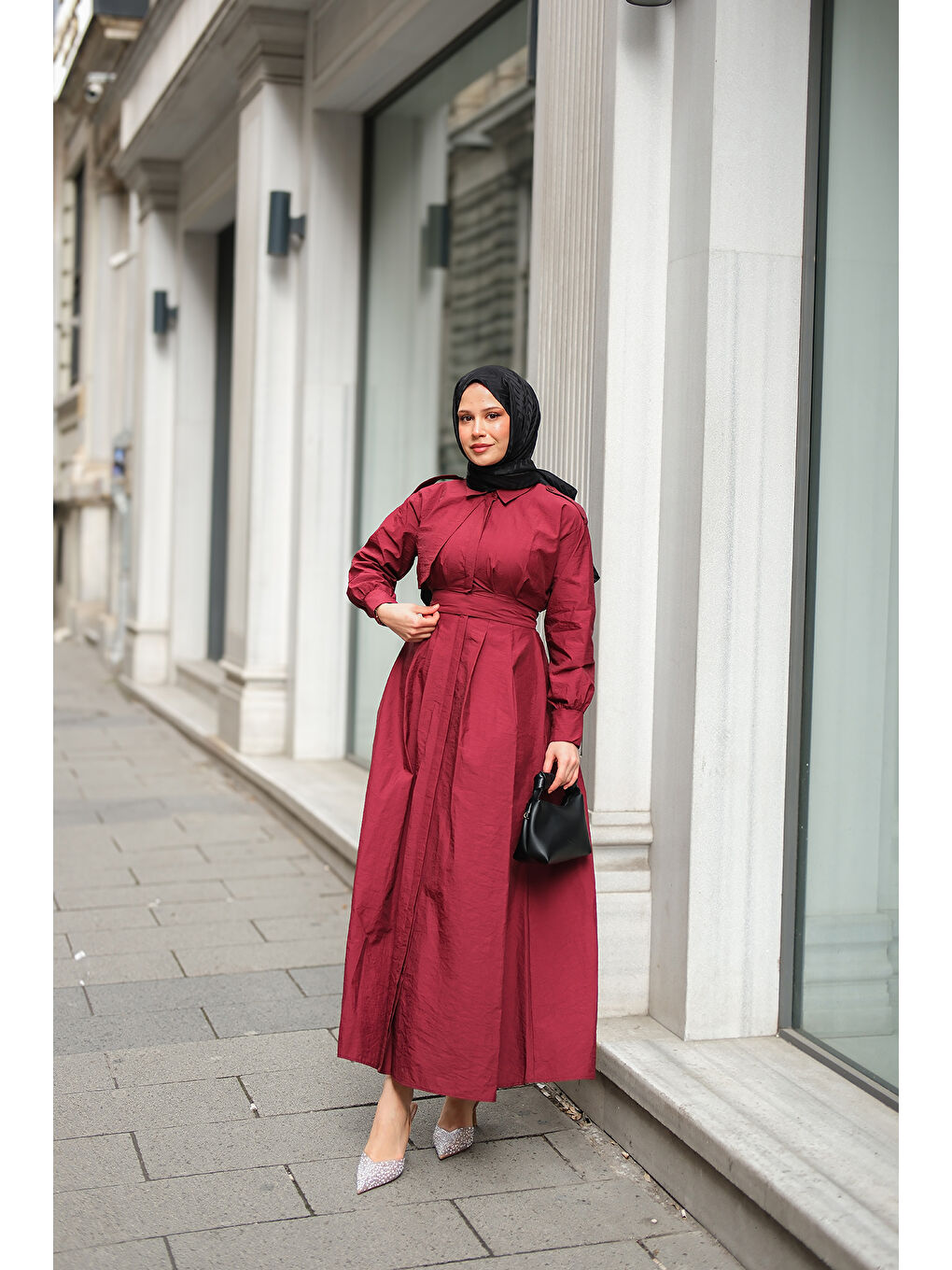 Kadın Gizli Düğmeli Apolet Detay Elbise Bordo-3