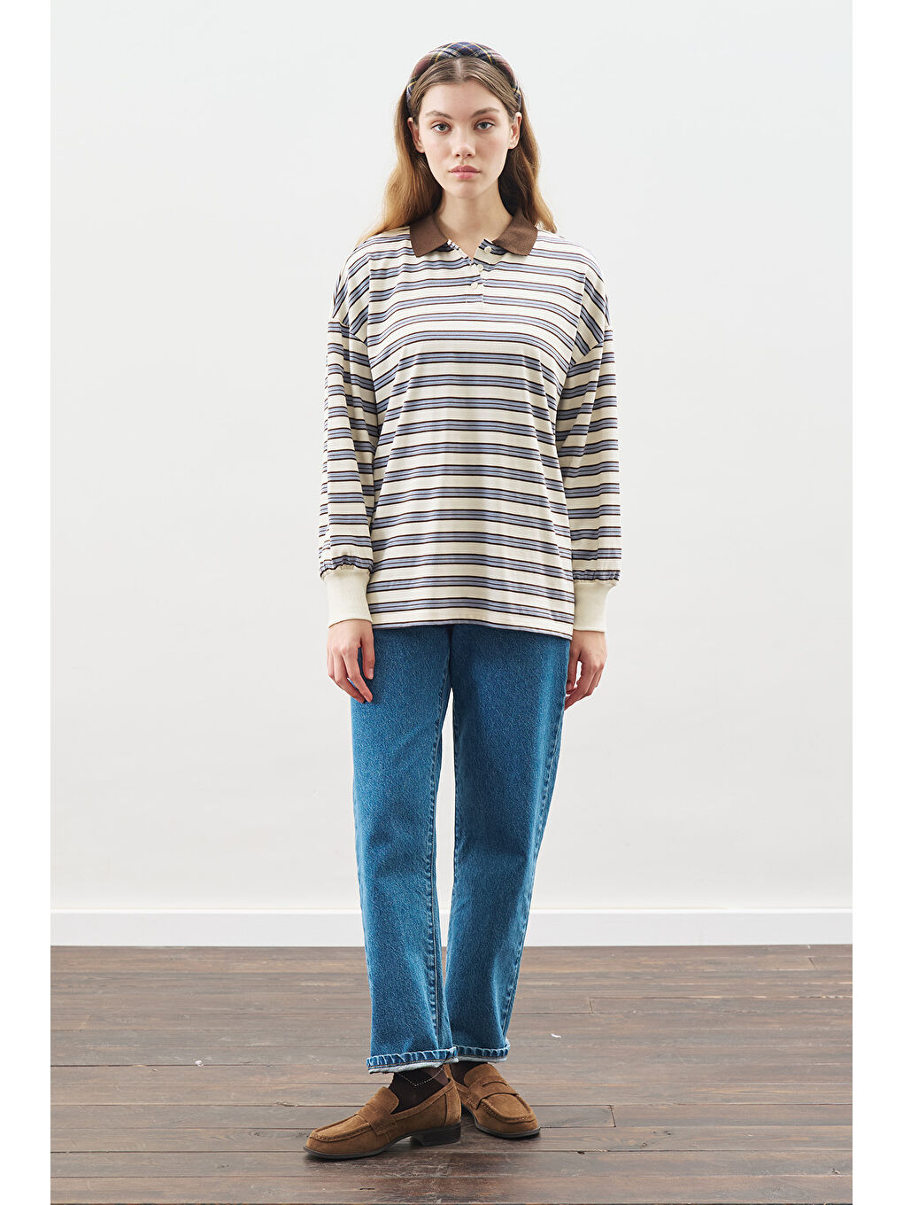 Polo Yaka Oversıze Tshırt Mavi-2