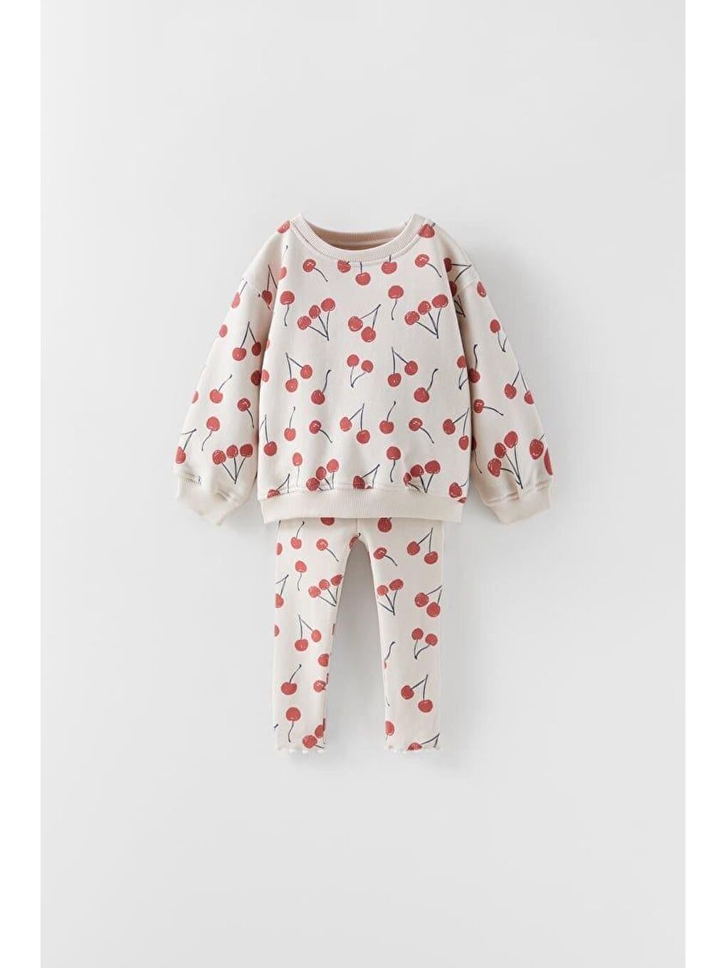 Karışık Kız Çocuk Pamuklu Ekru Kiraz Desenli Sweatshirt Tayt Takım - Rahat Günlük Kombin