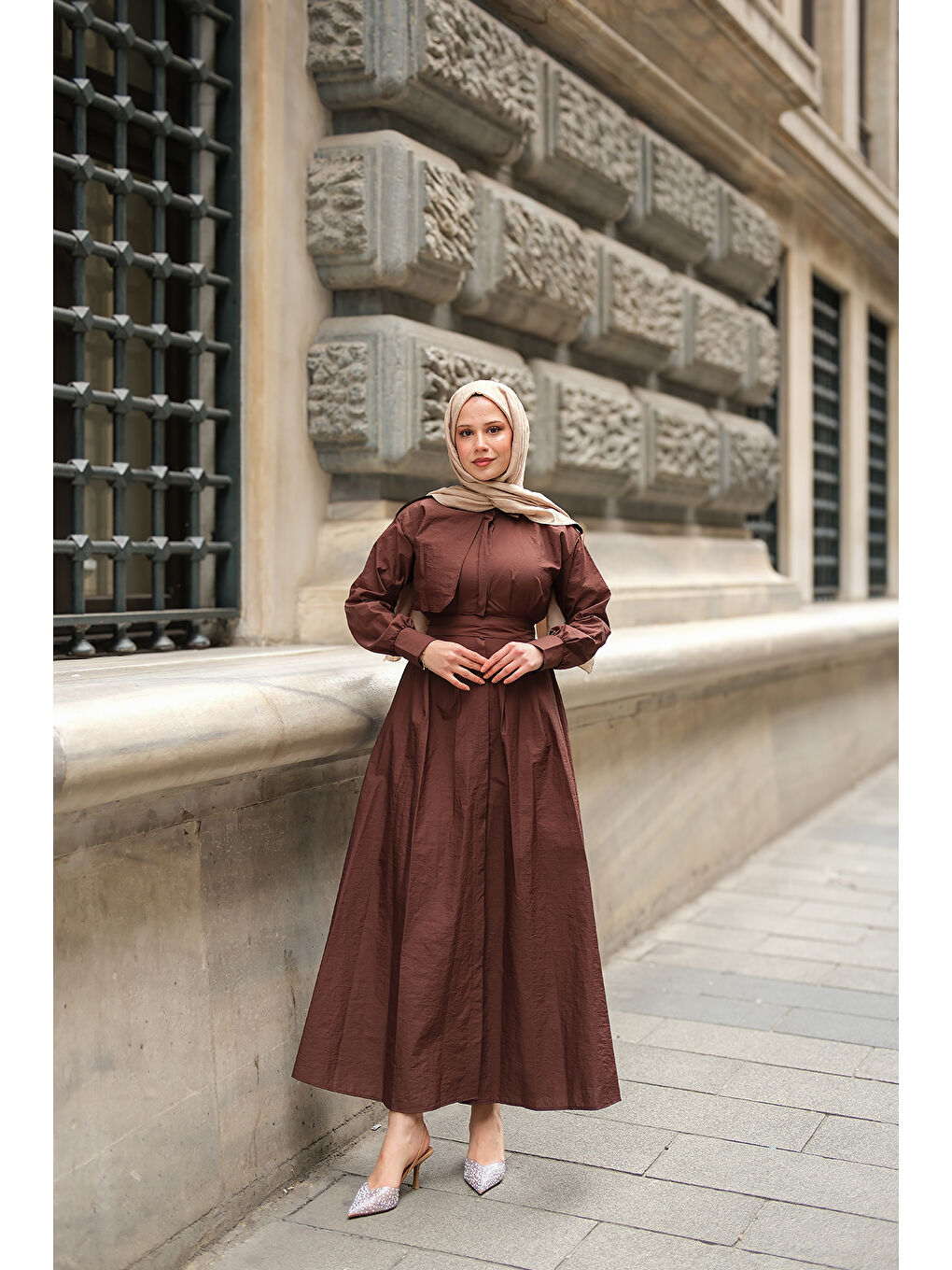 Kadın Gizli Düğmeli Apolet Detay Elbise Kahverengi-3