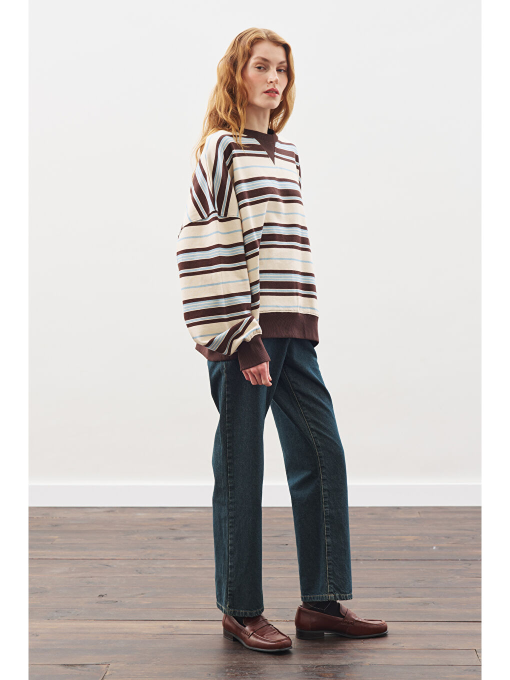 Oversıze Çizgili Sweatshırt Kahverengi-3