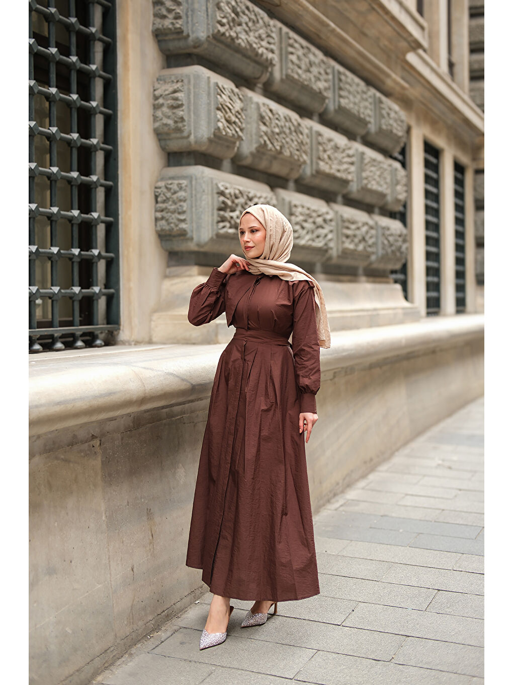 Kadın Gizli Düğmeli Apolet Detay Elbise Kahverengi-4