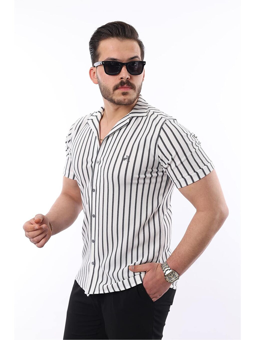 Gri Erkek Kısa Kollu Slim Fit Yazlık Çizgili Gömlek-2