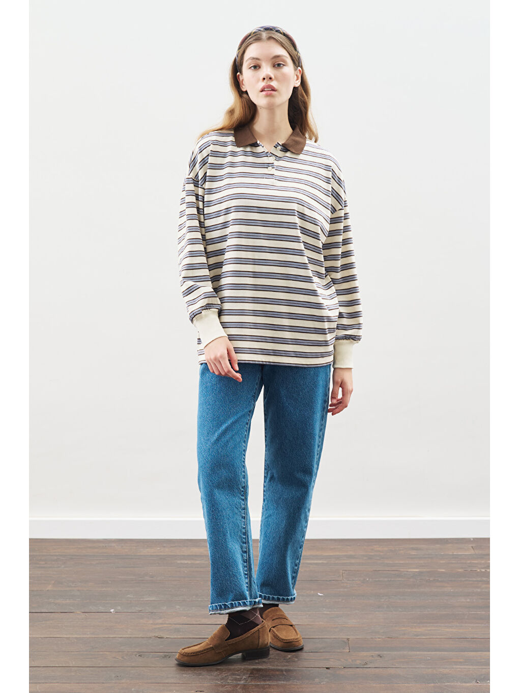 Polo Yaka Oversıze Tshırt Mavi-3