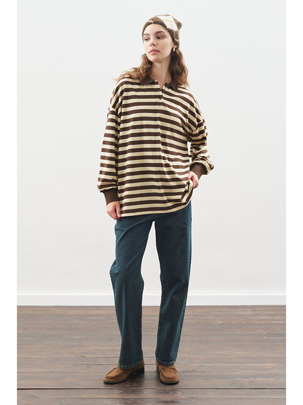 Polo Yaka Oversıze Tshırt Kahverengi-3