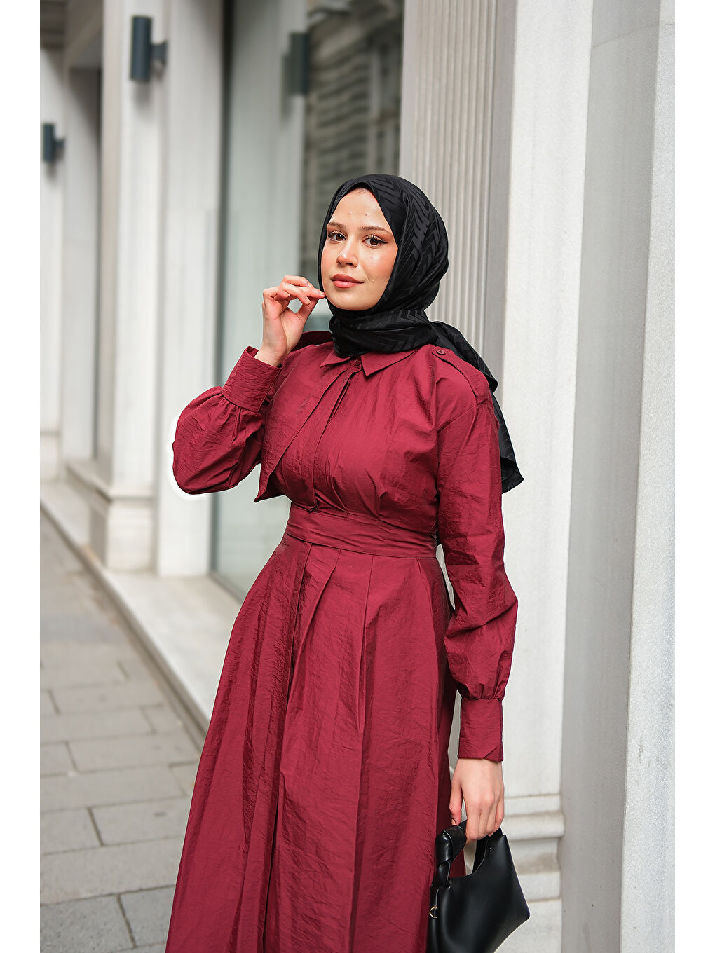 Kadın Gizli Düğmeli Apolet Detay Elbise Bordo-4