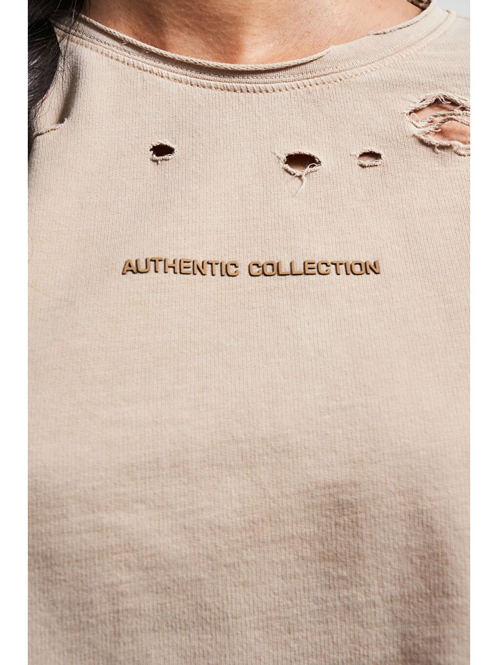 Kahverengi Kadın Kahve Renk Örme Kumaş Yırtık Detaylı Oversize Tasarım Sweatshirt-4