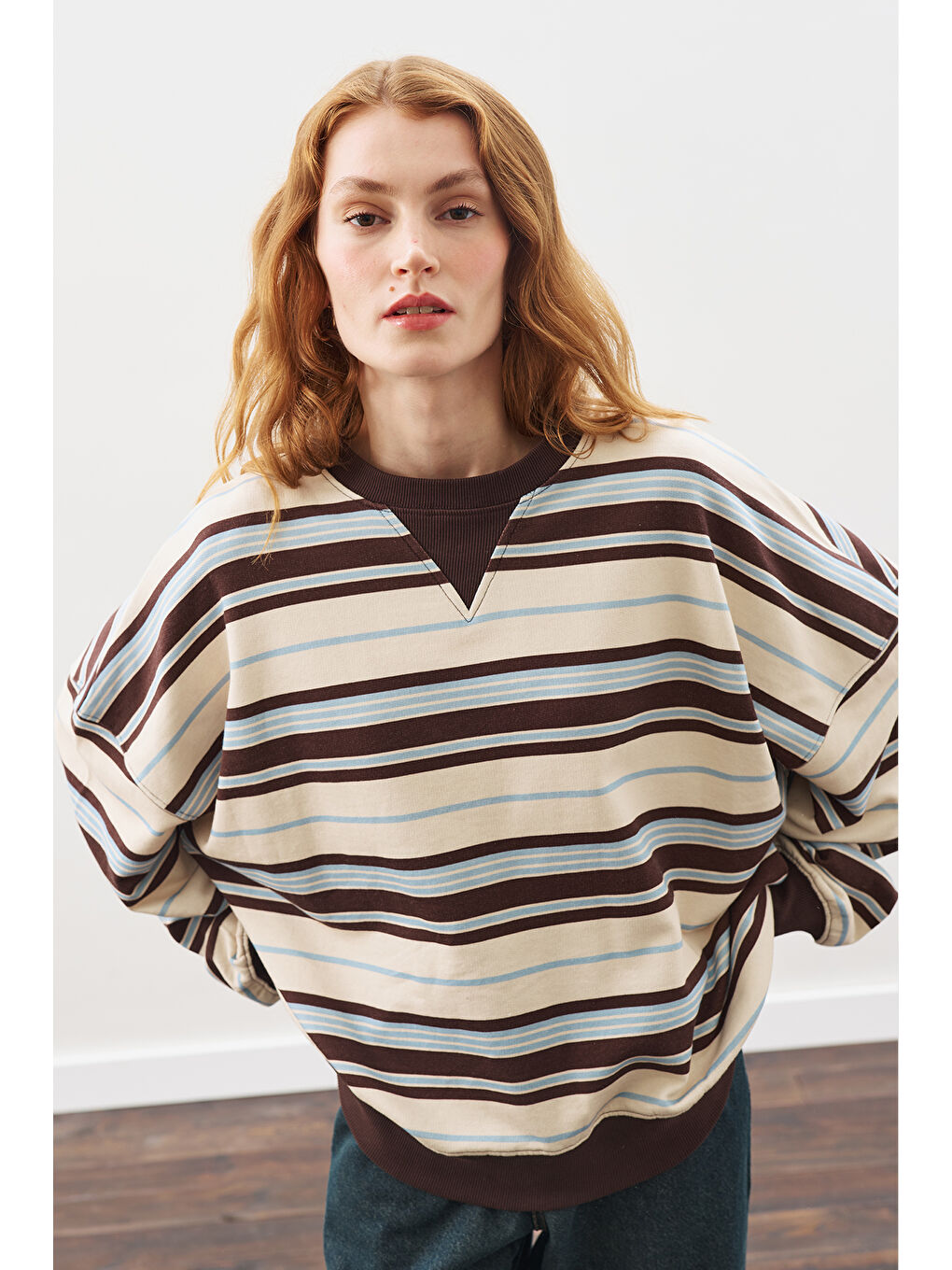 Oversıze Çizgili Sweatshırt Kahverengi-4