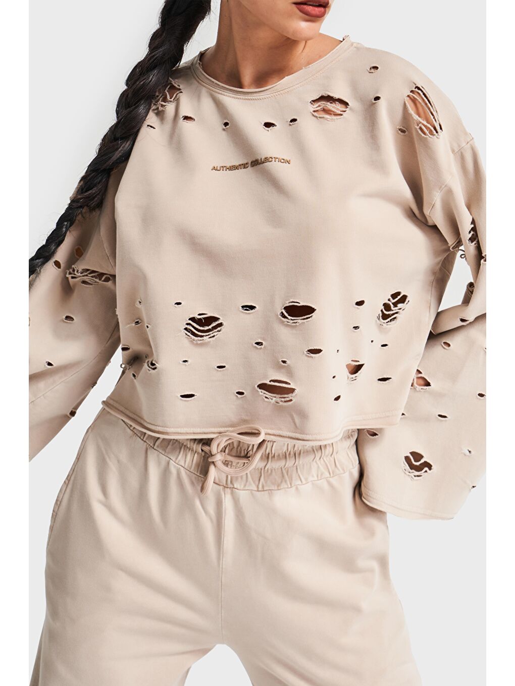 Kahverengi Kadın Kahve Renk Örme Kumaş Yırtık Detaylı Oversize Tasarım Sweatshirt-2