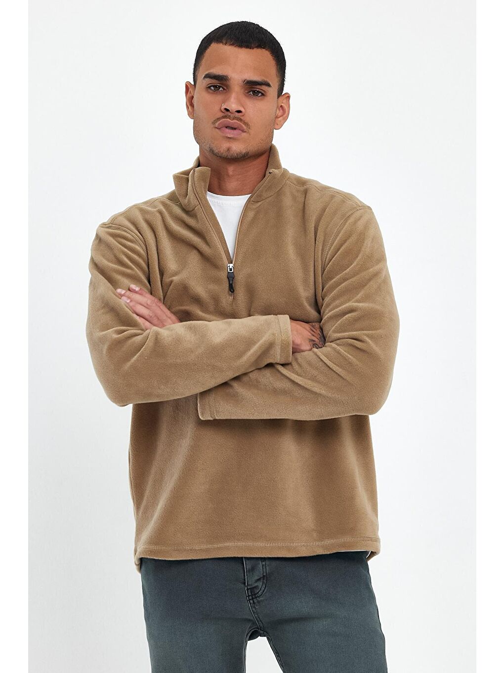 Bej Erkek Rahat Kalıp Softech Polar Yarım Fermuarlı Sweatshırt spr24pw20-3