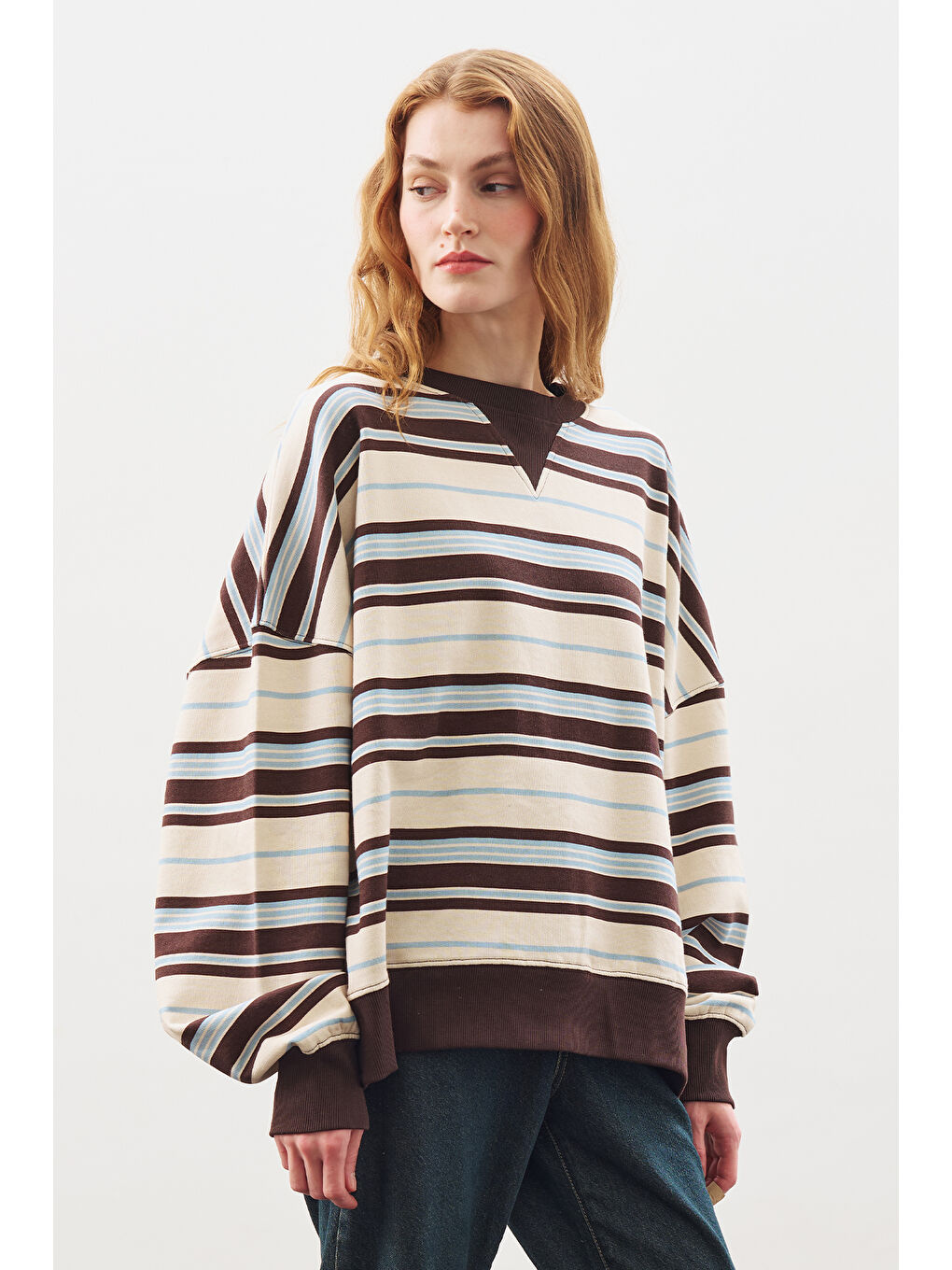 Oversıze Çizgili Sweatshırt Kahverengi-5