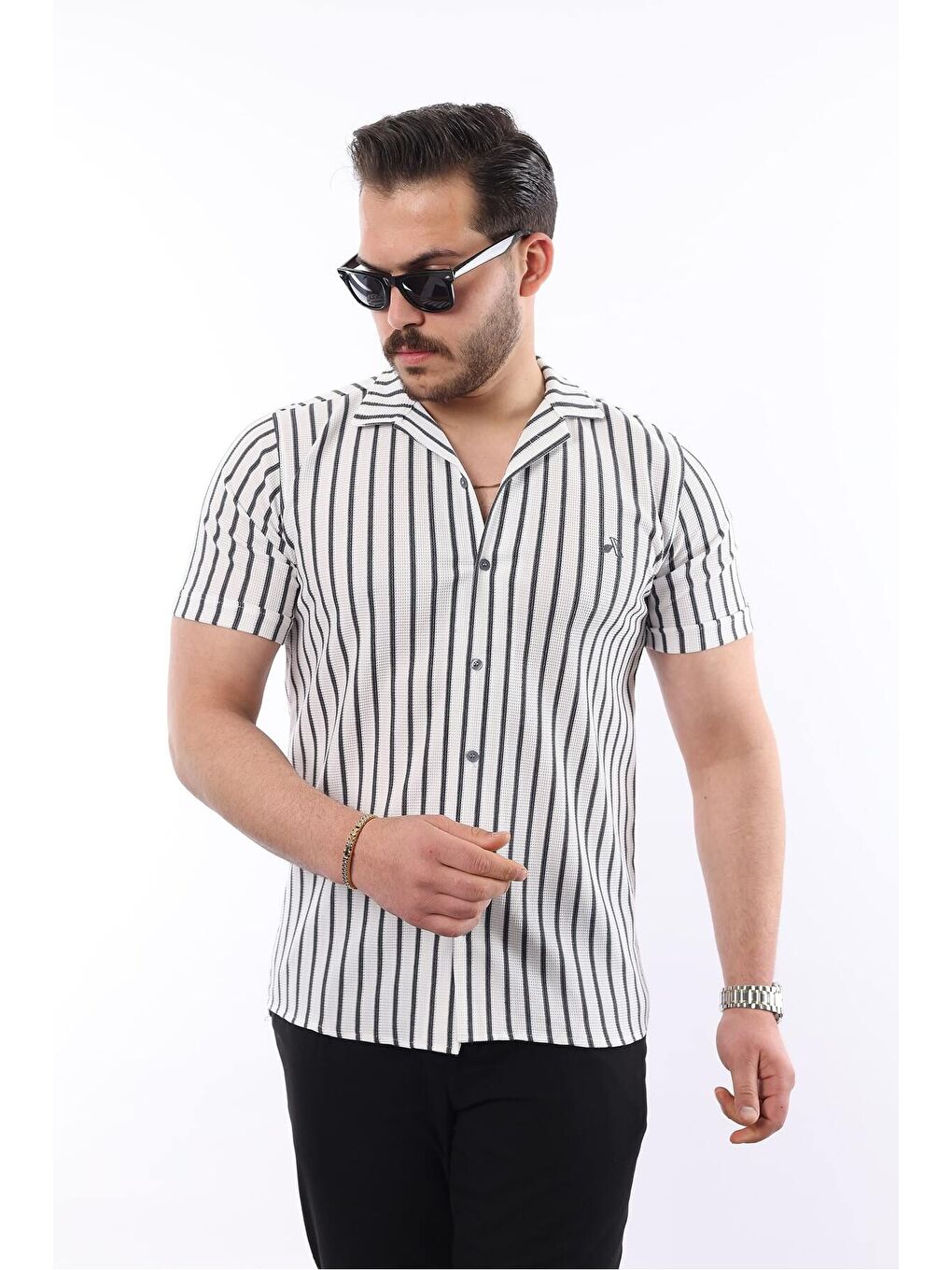 Gri Erkek Kısa Kollu Slim Fit Yazlık Çizgili Gömlek-3