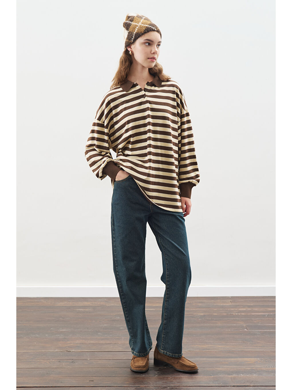 Polo Yaka Oversıze Tshırt Kahverengi-5