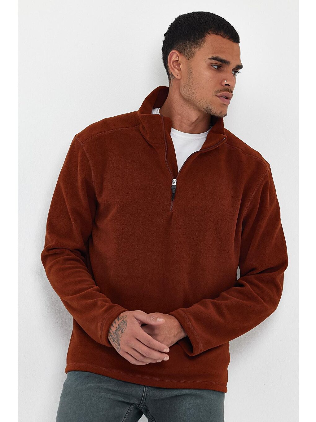 Kahverengi Erkek Rahat Kalıp Softech Polar Yarım Fermuarlı Sweatshırt spr24pw20-4