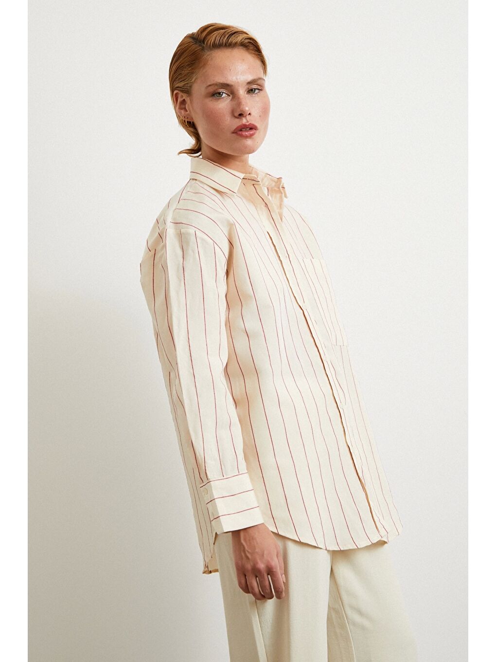 Kontrast Çizgili Modal Gömlek Fuşya