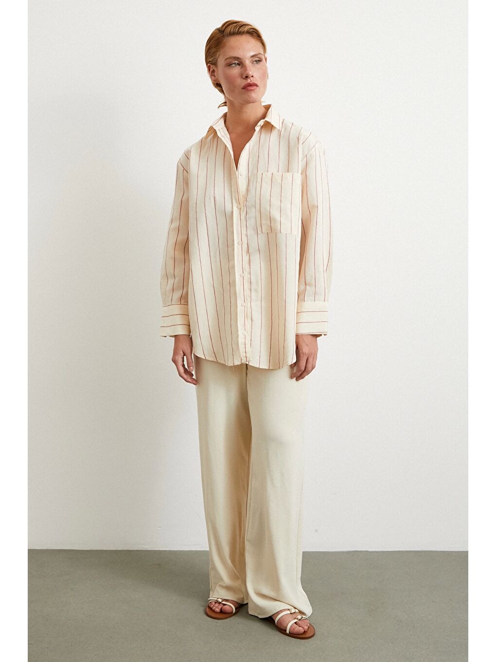 Kontrast Çizgili Modal Gömlek Fuşya-1