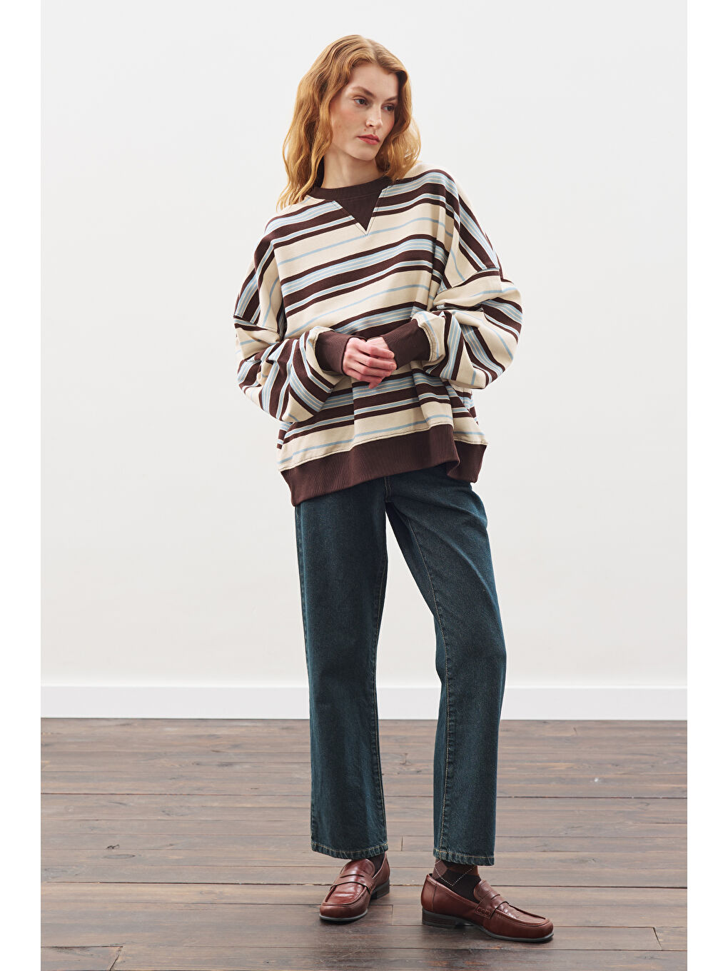 Oversıze Çizgili Sweatshırt Kahverengi-6