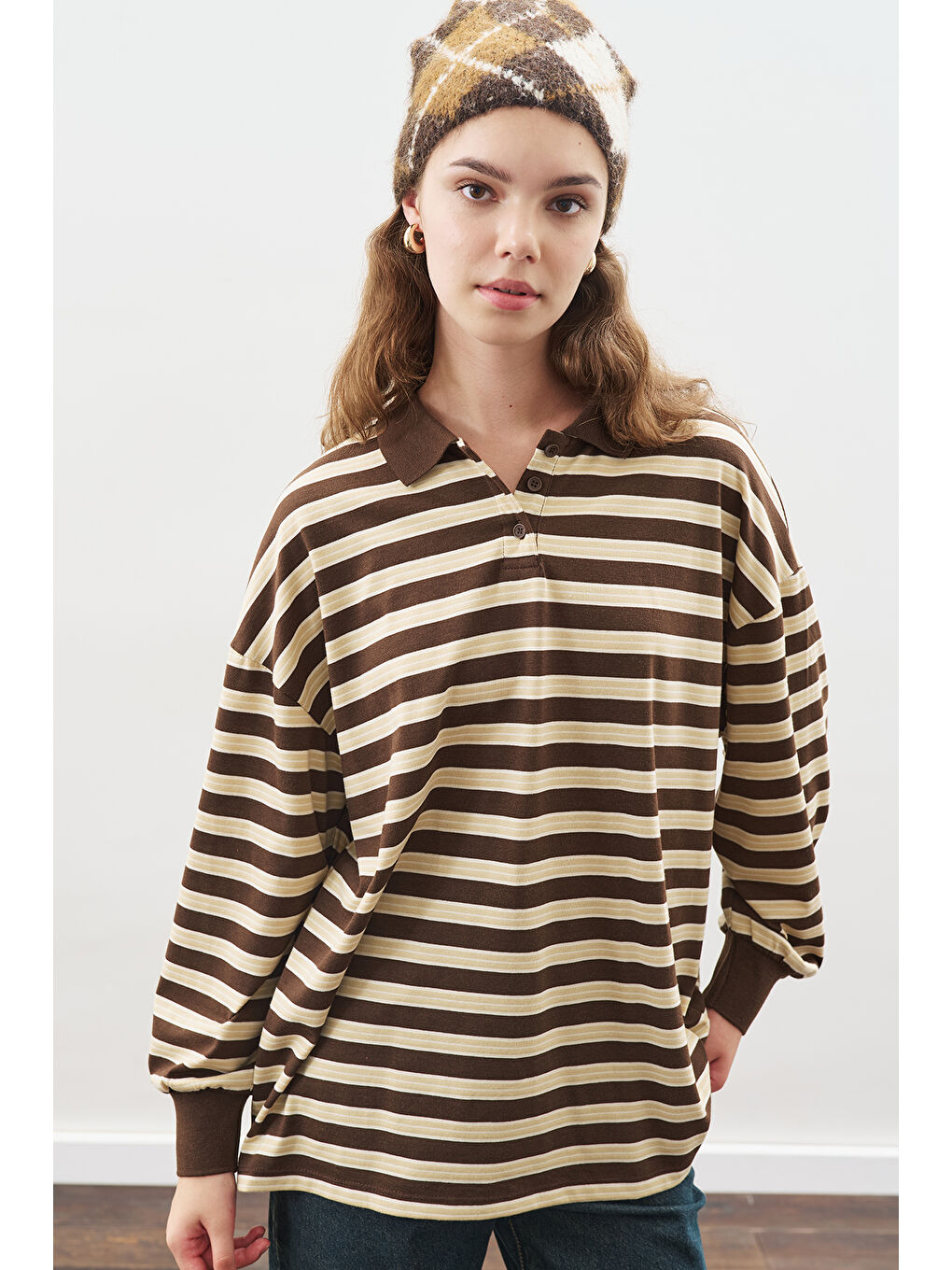 Polo Yaka Oversıze Tshırt Kahverengi-6