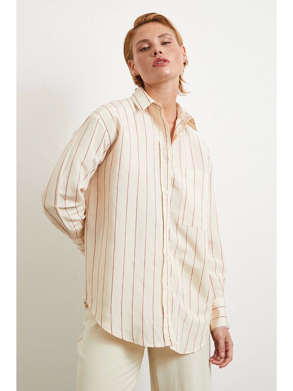 Kontrast Çizgili Modal Gömlek Fuşya-2