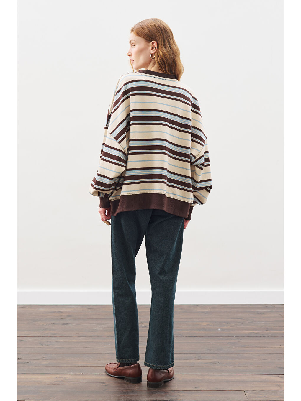 Oversıze Çizgili Sweatshırt Kahverengi-7