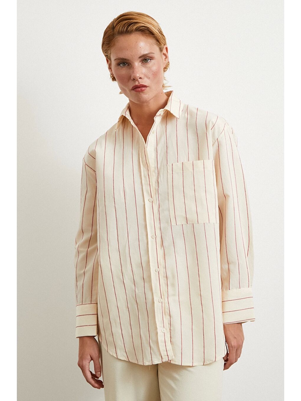 Kontrast Çizgili Modal Gömlek Fuşya-3