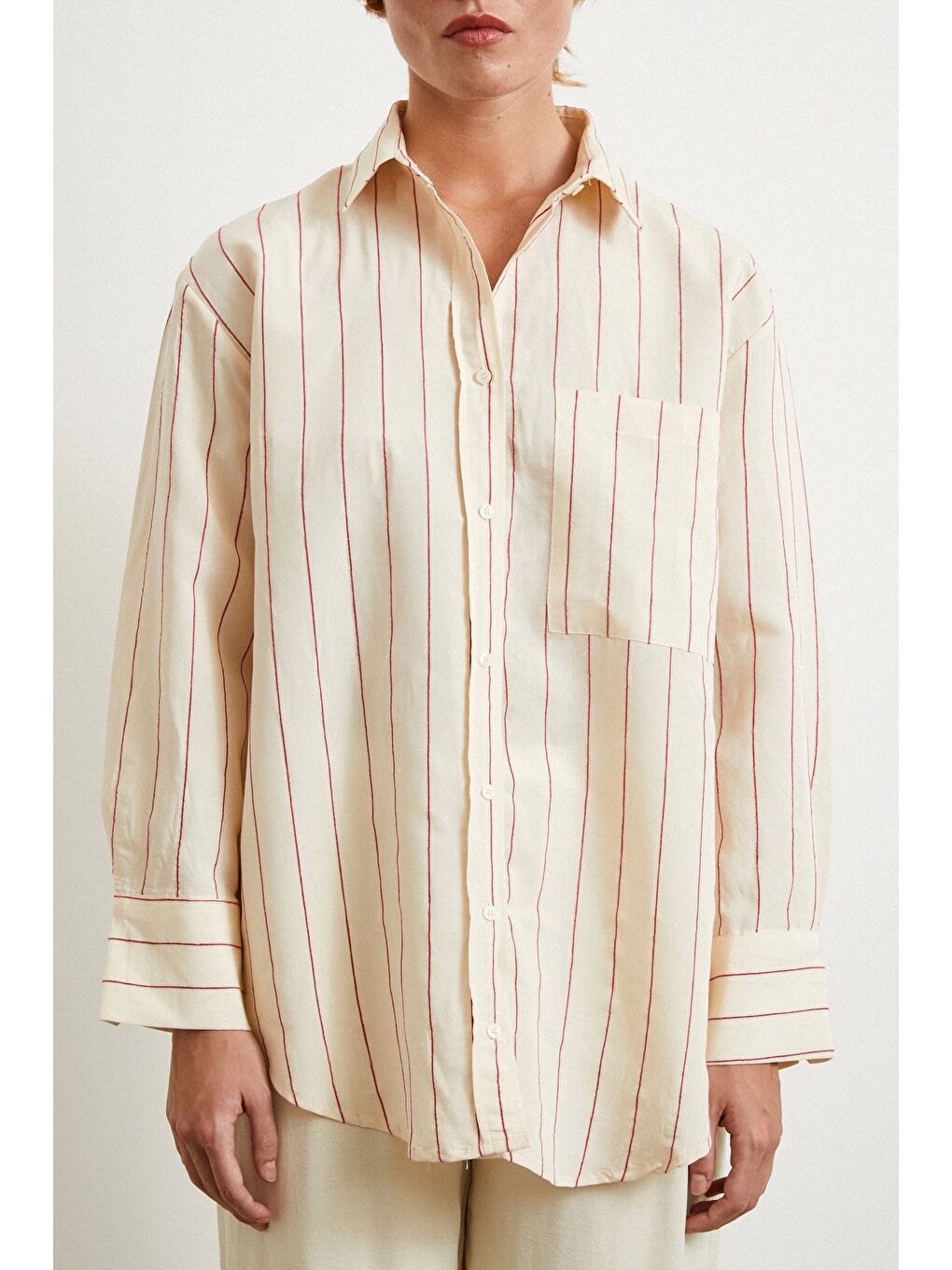 Kontrast Çizgili Modal Gömlek Fuşya-4