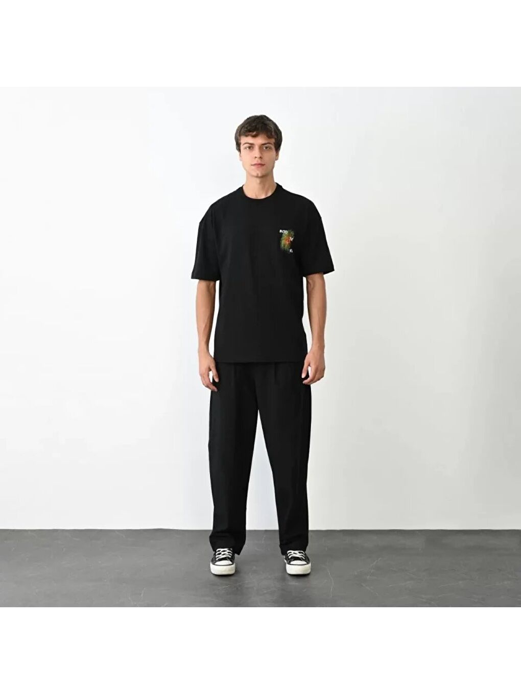 Unisex Bisiklet Yaka Baskılı Oversize T-Shirt - Siyah