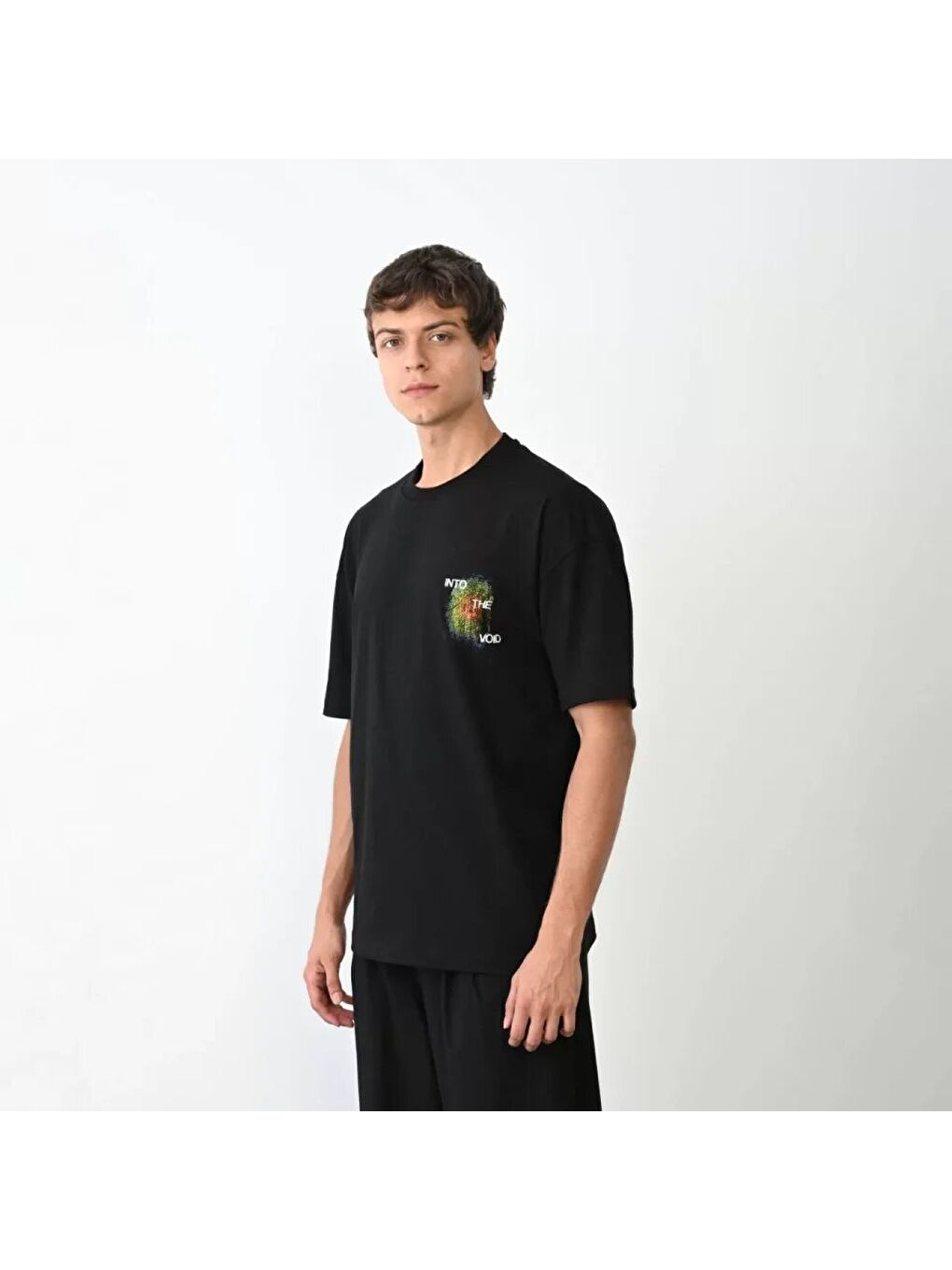 Unisex Bisiklet Yaka Baskılı Oversize T-Shirt - Siyah-1