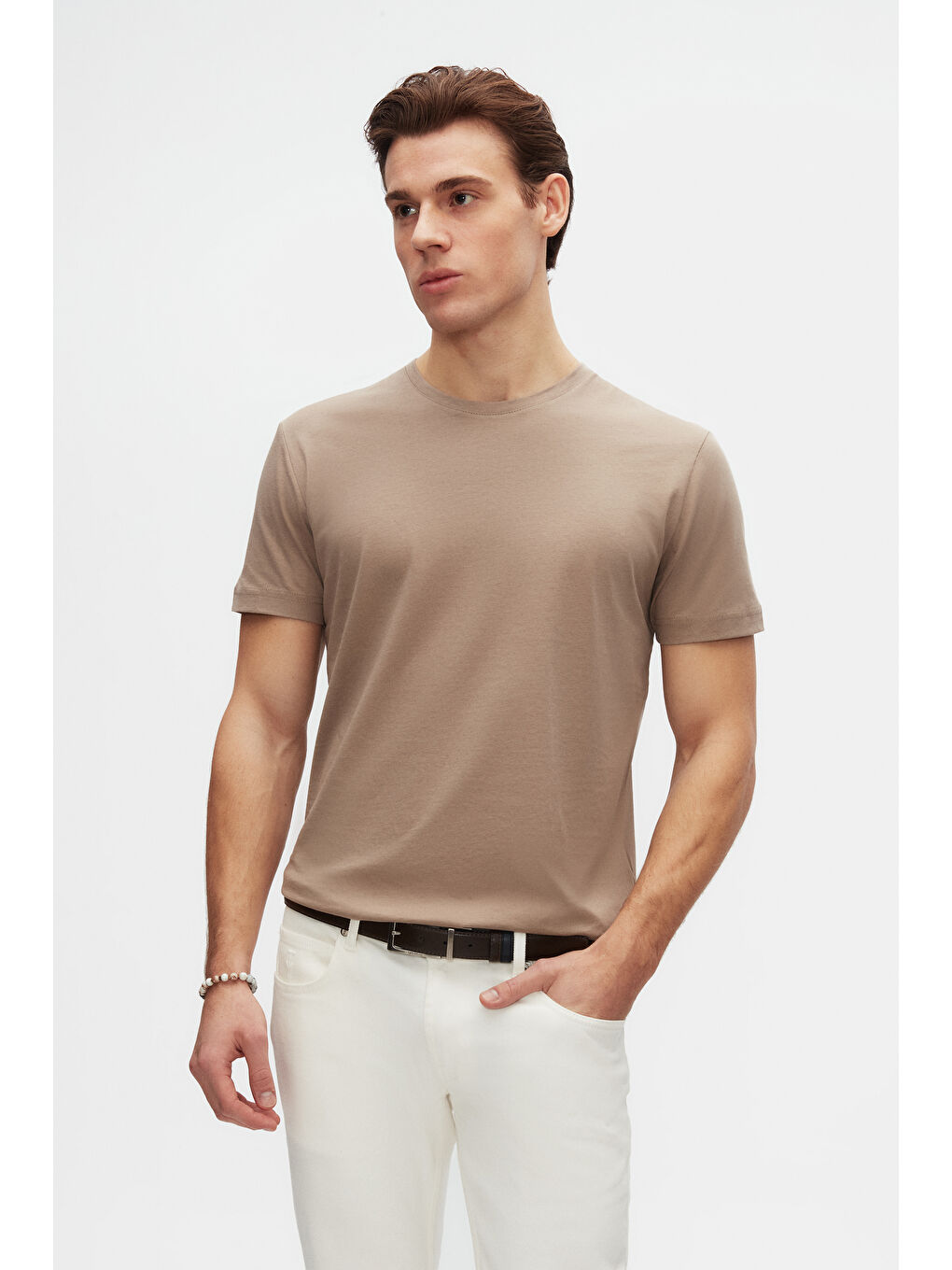 Bej Comfort Vizon Bisiklet Yaka %100 Pamuk T-Shirt