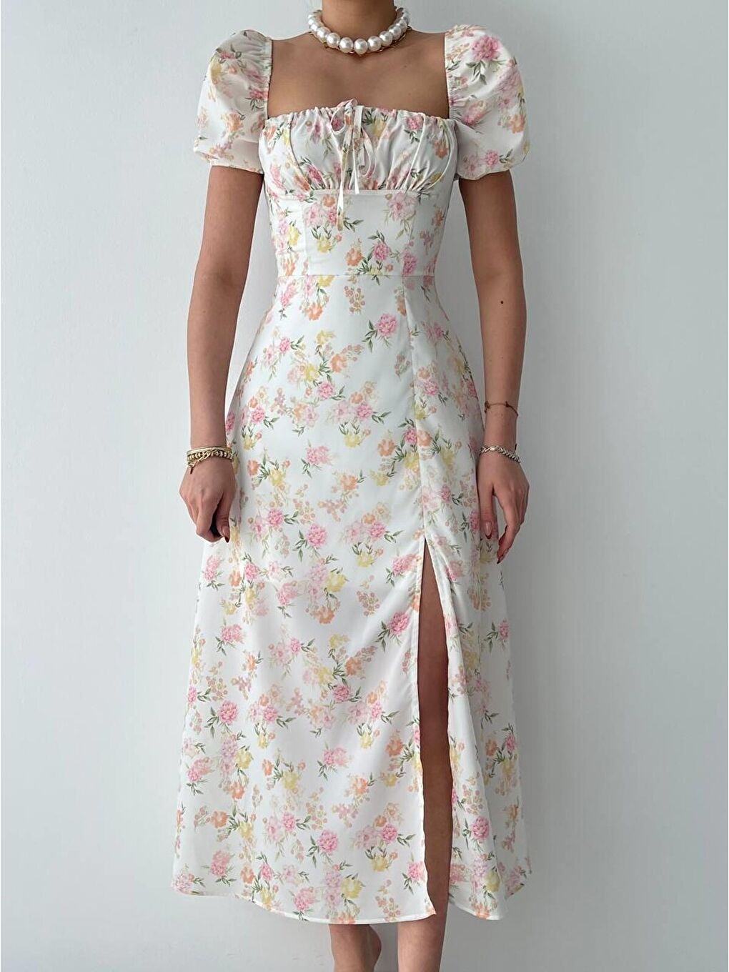 Ekru Zeze Balon Kol Elbise-1